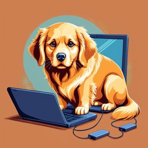 A golden retriever with a laptop open in front of it